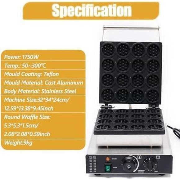 Commercial Belgian Waffle Maker - 16pcs Mini Maker, Nonstick, Stainless Steel - Picture 5 of 7